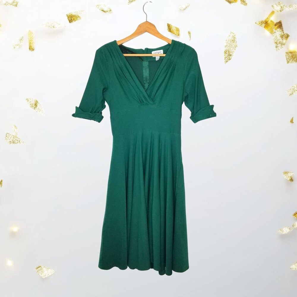 Unique Vintage 1950s-Style Emerald Green Delores Swing Dress, Size L 10/12